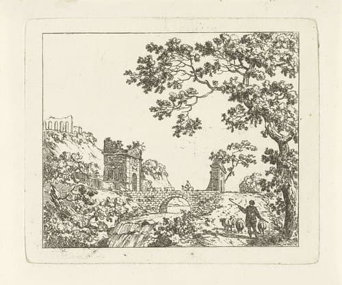 Gezicht op een brug over een rivier met een waterval
