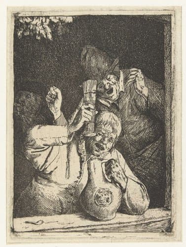 Twee dronken mannen in een raamopening by Cornelis Dusart