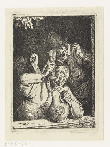 Twee zingende boeren in een raam by Cornelis Dusart