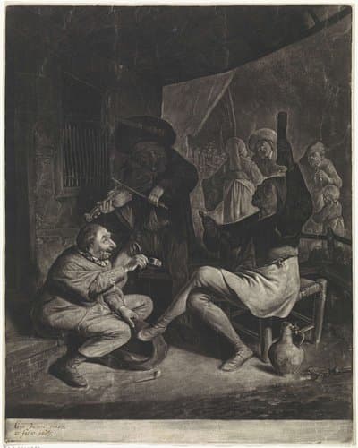 Musicerende mannen en een man die tabak aanbiedt by Cornelis Dusart