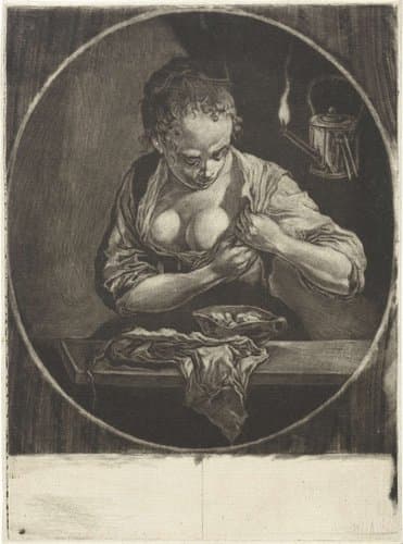 Zich vlooiende vrouw by Cornelis Dusart