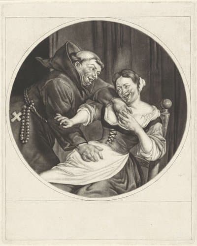 Monnik betast een vrouw by Cornelis Dusart