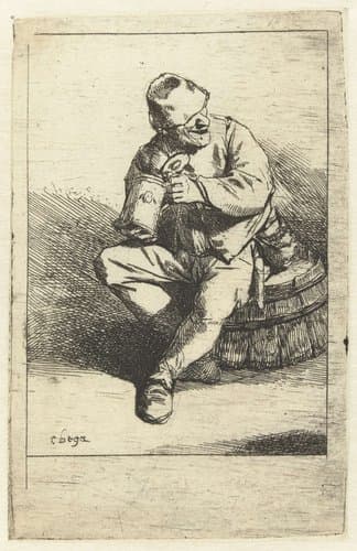 Man zittend op ton met kruik in handen by Cornelis Pietersz. Bega