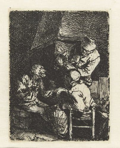 Drie personen voor een schoorsteen, twee hunner zitten en de andere staat by Cornelis Pietersz. Bega