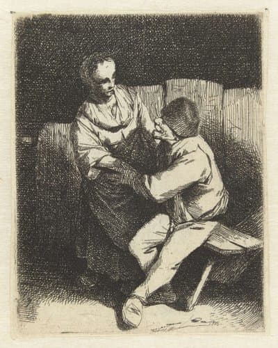 Vrouw wijst toenadering van man af by Cornelis Pietersz. Bega