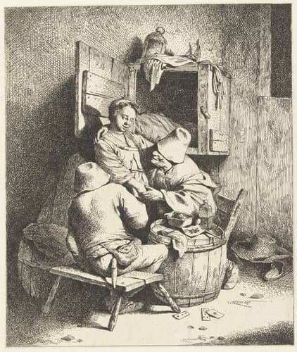 Een oude boer streelt de jonge waardin by Cornelis Pietersz. Bega