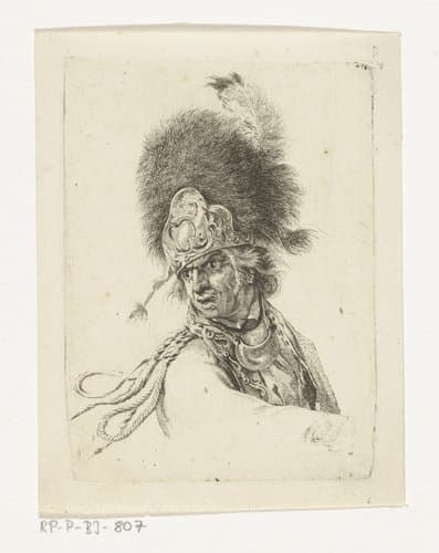 Portret van een soldaat met een hoge bontmuts op by Joannes Bemme