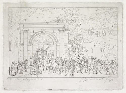 Een koets rijdt door een poort by Joannes Bemme