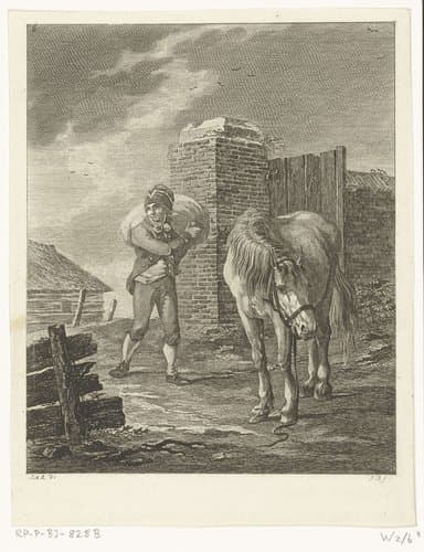 Man met zak op zijn rug loopt naar een paard by Joannes Bemme