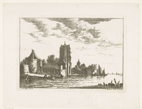 Riviergezicht met poortgebouw en kerk op oever by Carel Frederik Bendorp (I)