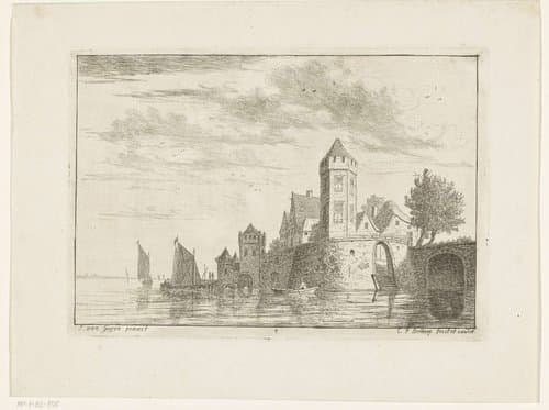 Riviergezicht met kasteel op oever by Carel Frederik Bendorp (I)