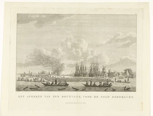 Houtvlot met bemanning gaat voor anker in haven Dordrecht by Carel Frederik Bendorp (I)