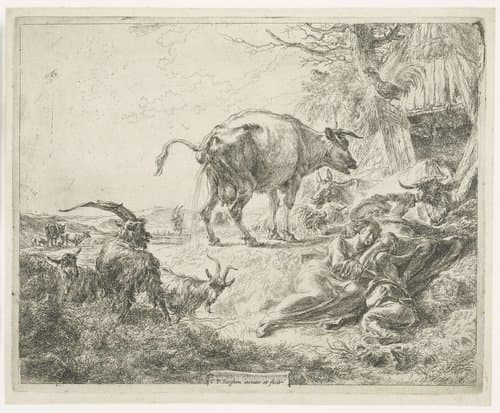 Slapende herdersfamilie en rustend vee by Nicolaes Pietersz Berchem