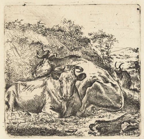 Landschap met twee rustende koeien by anonymous