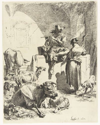 Fluitspelende herder en spinster by Nicolaes Pietersz Berchem