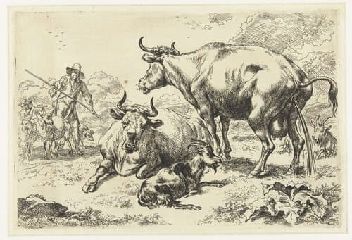 Liggende en een pissende koe by Nicolaes Pietersz Berchem