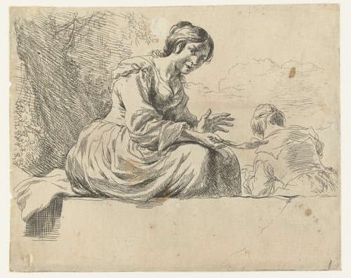Jonge vrouw zittend op een steen by Nicolaes Pietersz Berchem