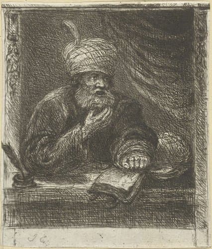 Man met tulband achter een schrijftafel by Jan Chalon
