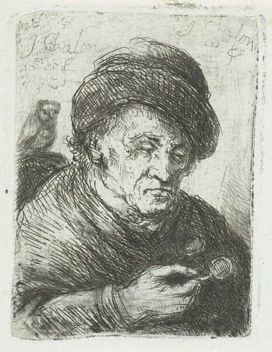 Oude man met bril en uil by Jan Chalon