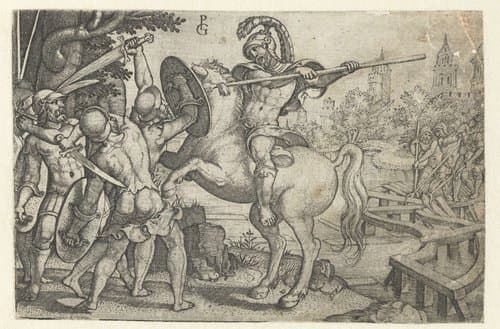 Horatius Cocles verdedigt de brug over de Tiber by Georg Pencz