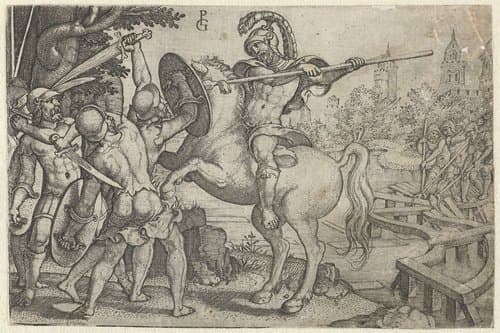 Horatius Cocles verdedigt de brug over de Tiber by Georg Pencz