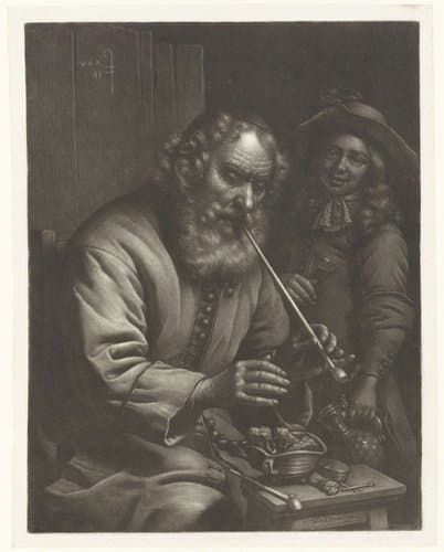 Rokende oude man warmt zijn handen by Wallerant Vaillant