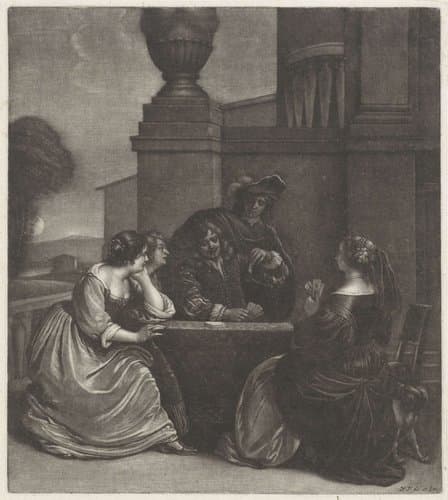 Kaartspelend gezelschap op een terras by Wallerant Vaillant