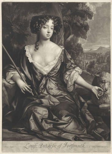 Portret van Louise de Kéroualle hertogin van Portsmouth in een landschap by Gerard Valck