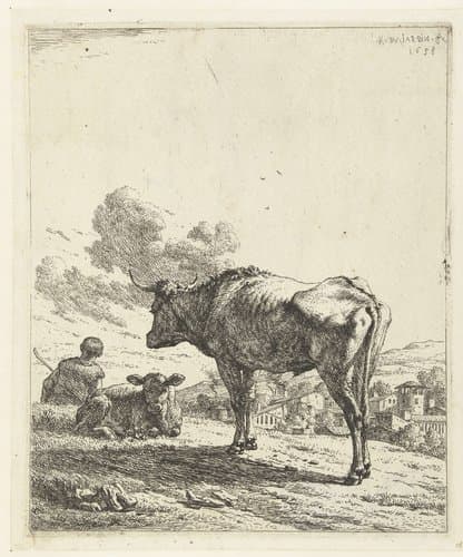 Herder met een os en kalf bij een dorp by Karel du Jardin