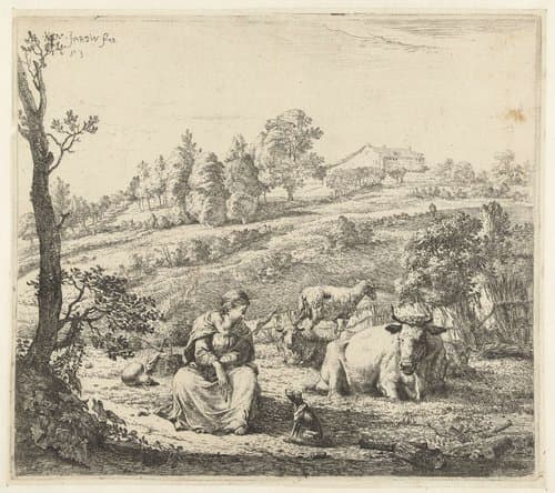 Heuvellandschap met herderin en hond bij rustende kudde by Karel du Jardin