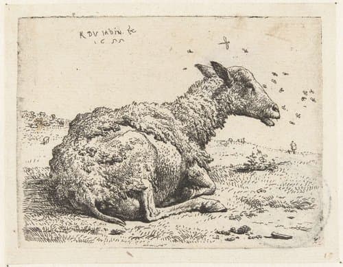 Liggend schaap met vliegen by Karel du Jardin