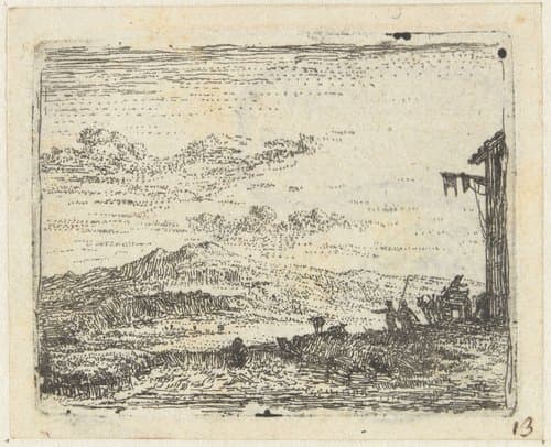 Italianiserend landschap met wagen bij herberg by Karel du Jardin