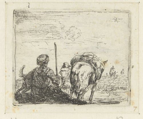 Italianiserend landschap met man, hond, herder en paard by Karel du Jardin