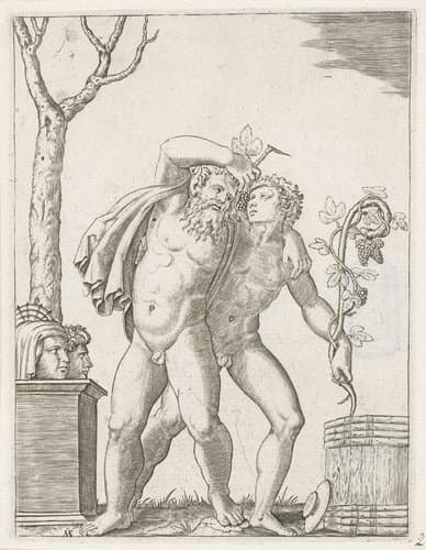 Silenus ondersteund door een jonge bacchant by Marcantonio Raimondi