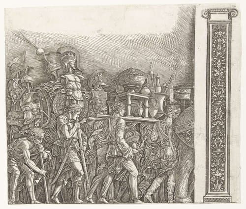 Soldaten met oorlogstrofeeën in triomftocht van Caesar en pilaster by Andrea Mantegna