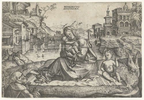 De Heilige Familie met Johannes de Doper in landschap by Benedetto Montagna