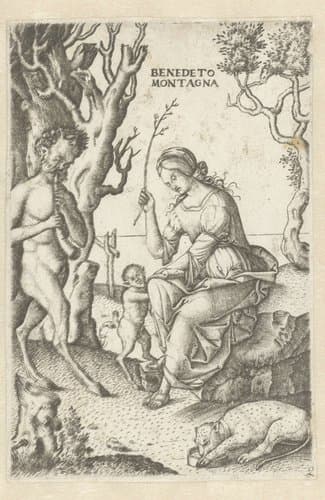 Satyr familie met man en vrouw met kind by Benedetto Montagna