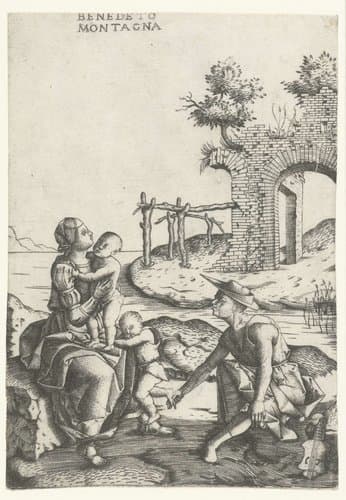 Familie zit aan waterkant vlakbij ruïne by Benedetto Montagna
