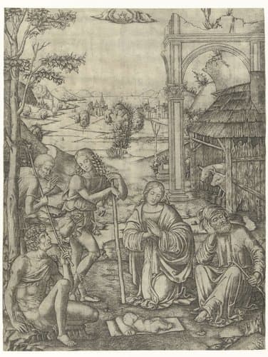 Aanbidding van het Christuskind door Maria en Jozef en de herders by Marcantonio Raimondi