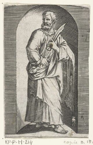 Apostel Bartolomeüs met mes staand in nis by anonymous