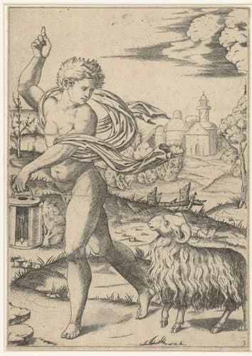 Mars met lantaarn en ram (Ariës) als teken van dierenriem by Marcantonio Raimondi