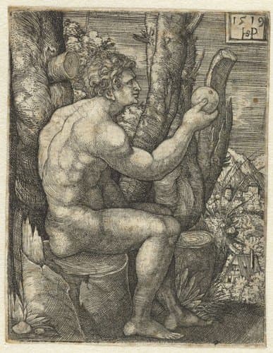 Adam zittend op boomstronk met appel in zijn hand by Hans Sebald Beham