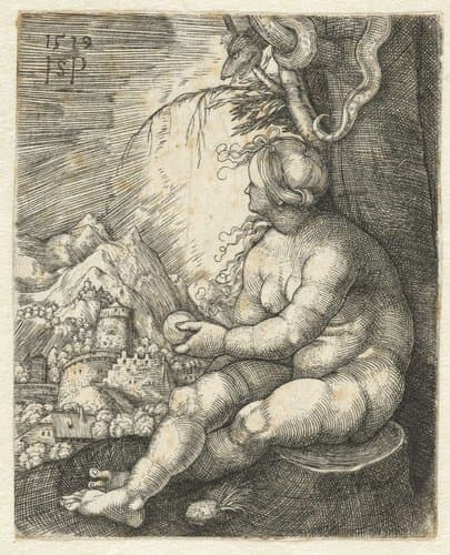 Eva zittend op boomstronk met een appel in haar hand by Hans Sebald Beham