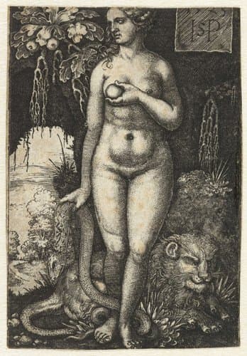 Eva met slang en appel en liggende leeuw by Hans Sebald Beham