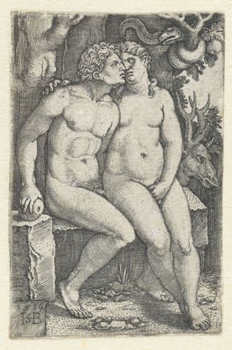 Verzoeking van Adam en Eva in het paradijs by Hans Sebald Beham