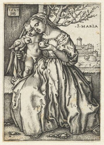 Maria met kind en papegaai en peer by Hans Sebald Beham