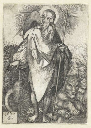 Heilige Hieronymus staand met crucifix en leeuw by Hans Sebald Beham