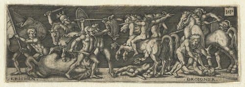 Gevecht tussen Grieken en Trojanen tijdens Trojaanse oorlog by Hans Sebald Beham