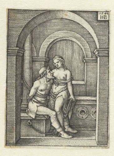 Pero zoogt geketende Cimon in gevangenis by Hans Sebald Beham