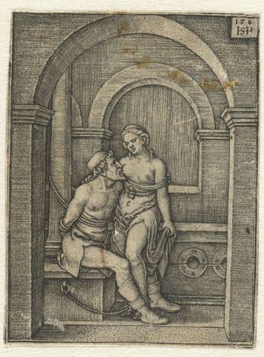Pero zoogt geketende Cimon in gevangenis by Hans Sebald Beham